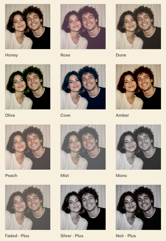 All twelve Afterglow film looks applied to the same sample photo; Faded, Silver and Noir are marked Plus