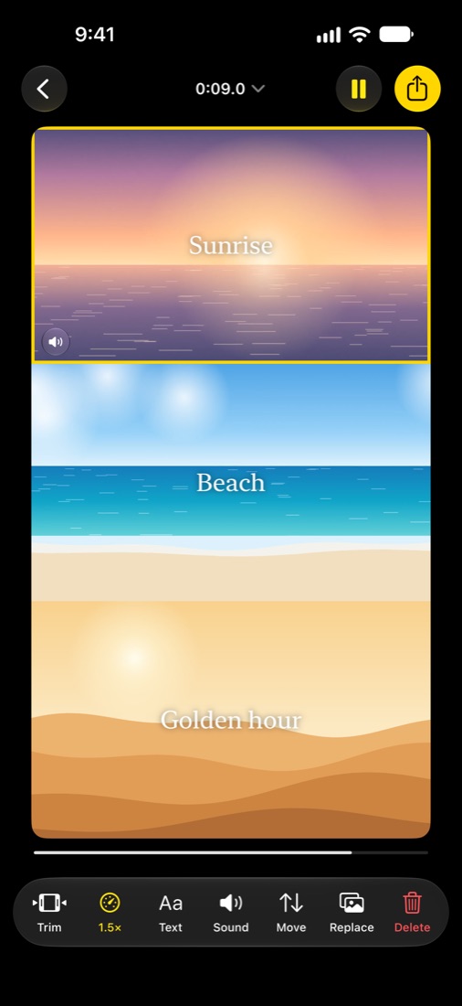 A selected clip with Trim, Speed at 1.5×, Text, Sound, Move, Replace and Delete